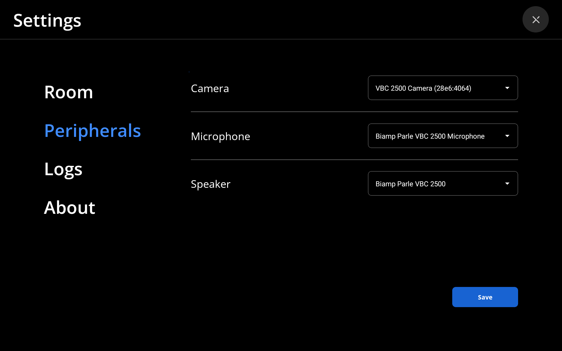 The Settings, Peripherals page with camera, microphone, and speaker dropdown selection menus.
